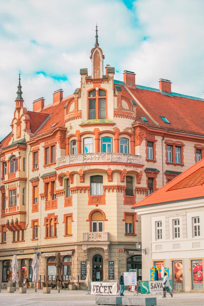 A striking historic building in Maribor, Slovenia, showcasing unique architectural details.