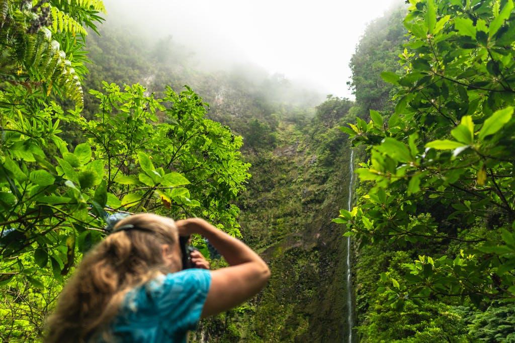 A woman hikes through the lush, foggy landscape of Madeira, capturing the stunning scenery.