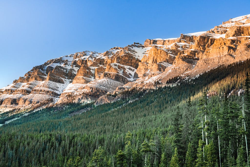 Stunning snow-capped mountains in Jasper, Alberta captured during the day with clear blue skies.